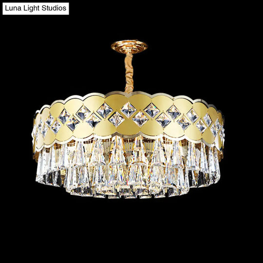 Modern Gold Finish Drum Chandelier With Clear Crystal Drops - 9 Heads Great Room Pendant Lighting