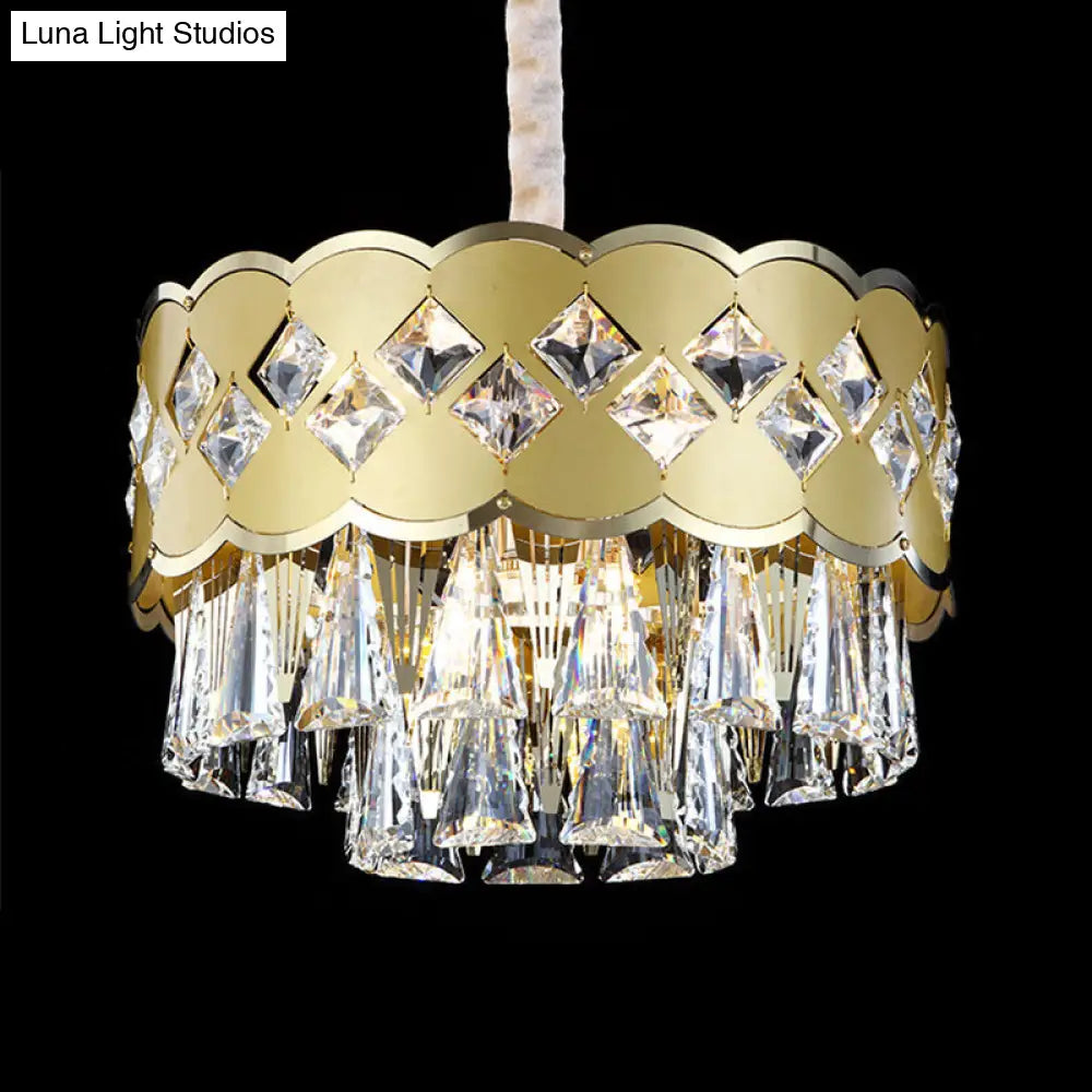 Modern Gold Finish Drum Chandelier With Clear Crystal Drops - 9 Heads Great Room Pendant Lighting