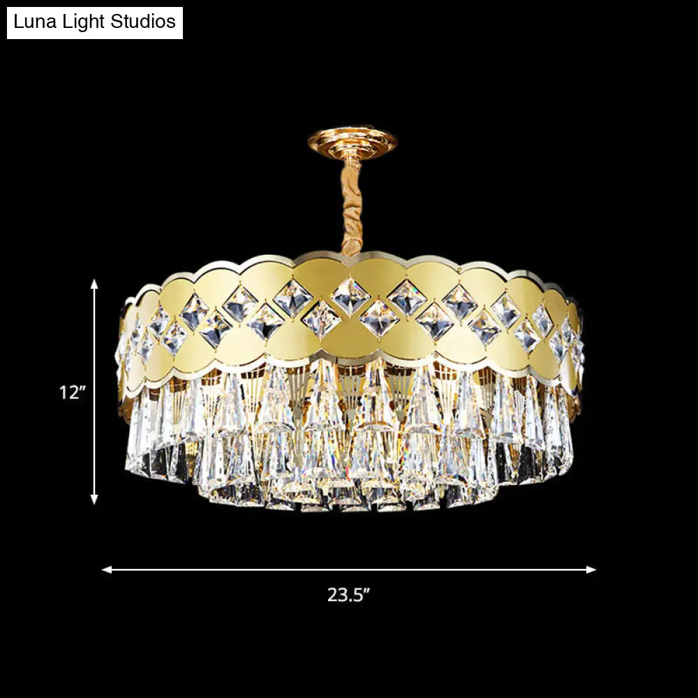 Modern Gold Finish Drum Chandelier With Clear Crystal Drops - 9 Heads Great Room Pendant Lighting