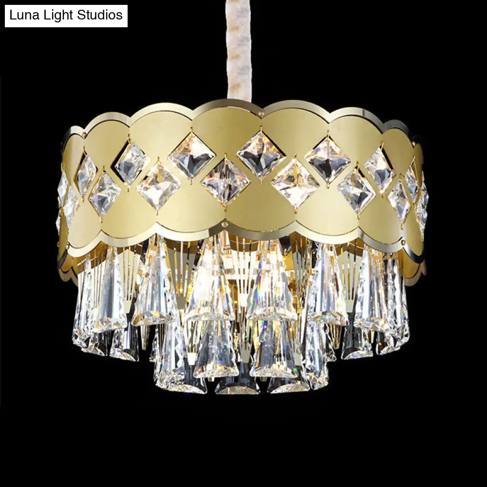 Modern 9-Head Drum Chandelier With Gold Finish Clear Crystal Drops - Great Room Pendant Lighting