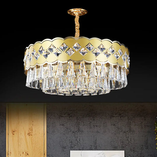 Modern 9-Head Drum Chandelier With Gold Finish Clear Crystal Drops - Great Room Pendant Lighting