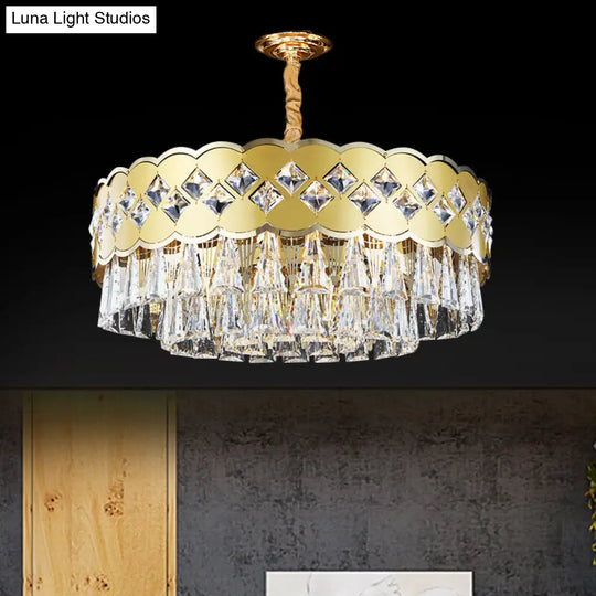 Modern Gold Finish Drum Chandelier With Clear Crystal Drops - 9 Heads Great Room Pendant Lighting