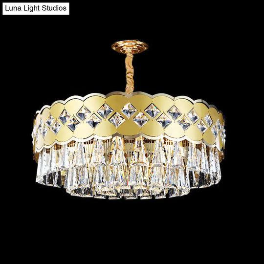 Modern 9-Head Drum Chandelier With Gold Finish Clear Crystal Drops - Great Room Pendant Lighting