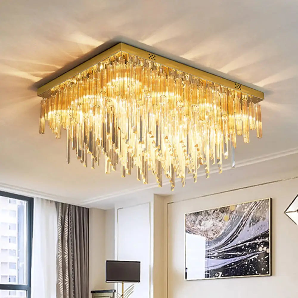 Modern 9 - Light Clear Crystal Flush Mount Ceiling Light With Tiered Design And Rectangle Canopy