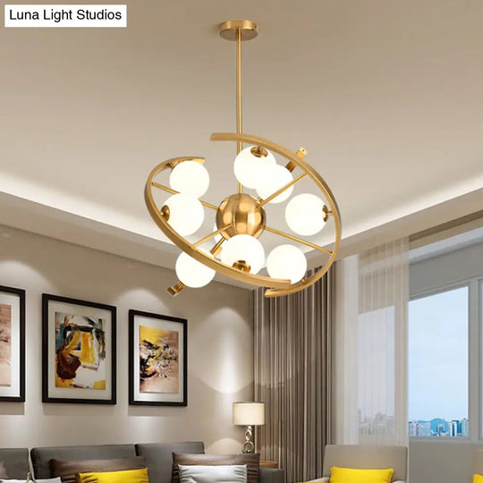 Modern 9-Light Gold Finish Led Suspension Chandelier - White Frosted Glass Orb Ceiling Light