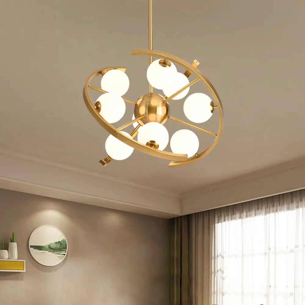 Modern 9-Light Gold Finish Led Suspension Chandelier - White Frosted Glass Orb Ceiling Light