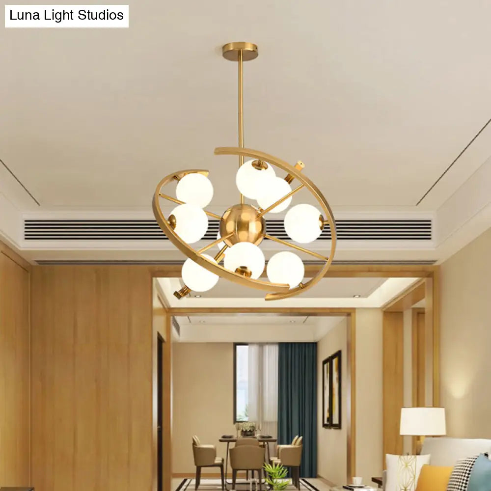 Modern 9-Light Gold Finish Led Suspension Chandelier - White Frosted Glass Orb Ceiling Light