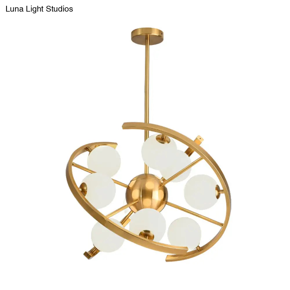 Modern 9-Light Gold Finish Led Suspension Chandelier - White Frosted Glass Orb Ceiling Light