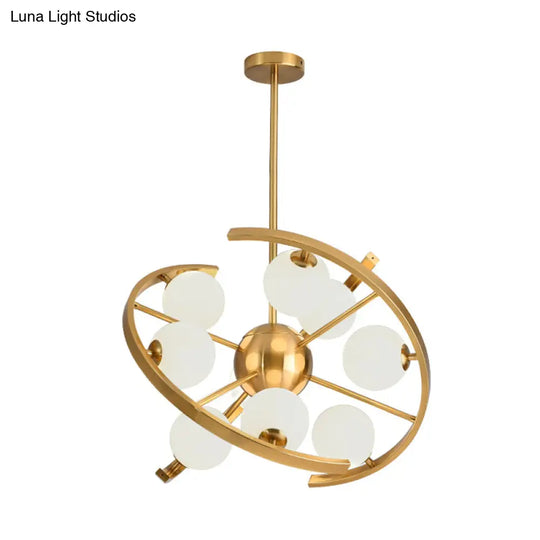 Modern 9-Light Gold Finish Led Suspension Chandelier - White Frosted Glass Orb Ceiling Light