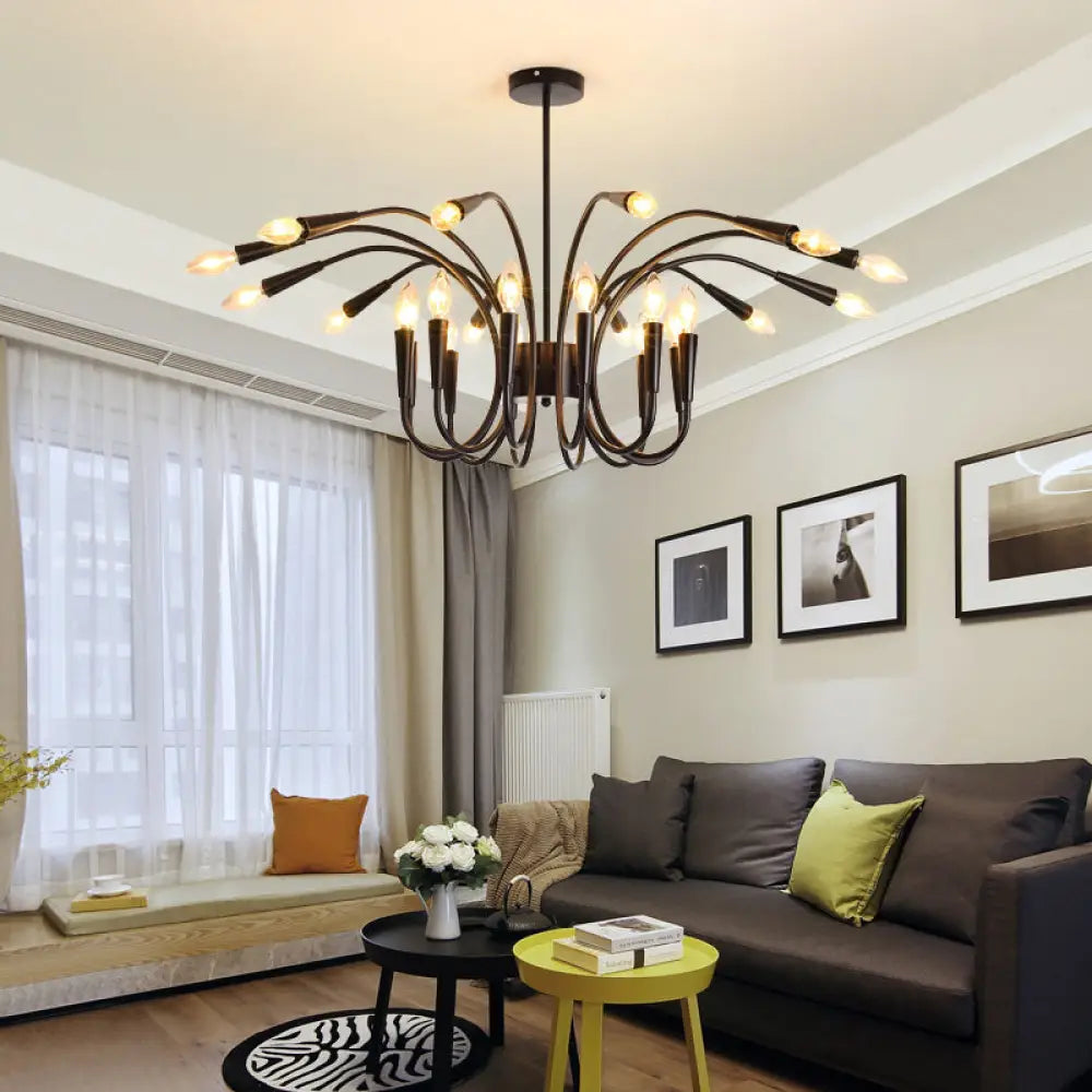 Modern Abstract Metal Chandelier: Multi-Light Black Pendant Lamp With Curved Arm And Exposed Bulbs