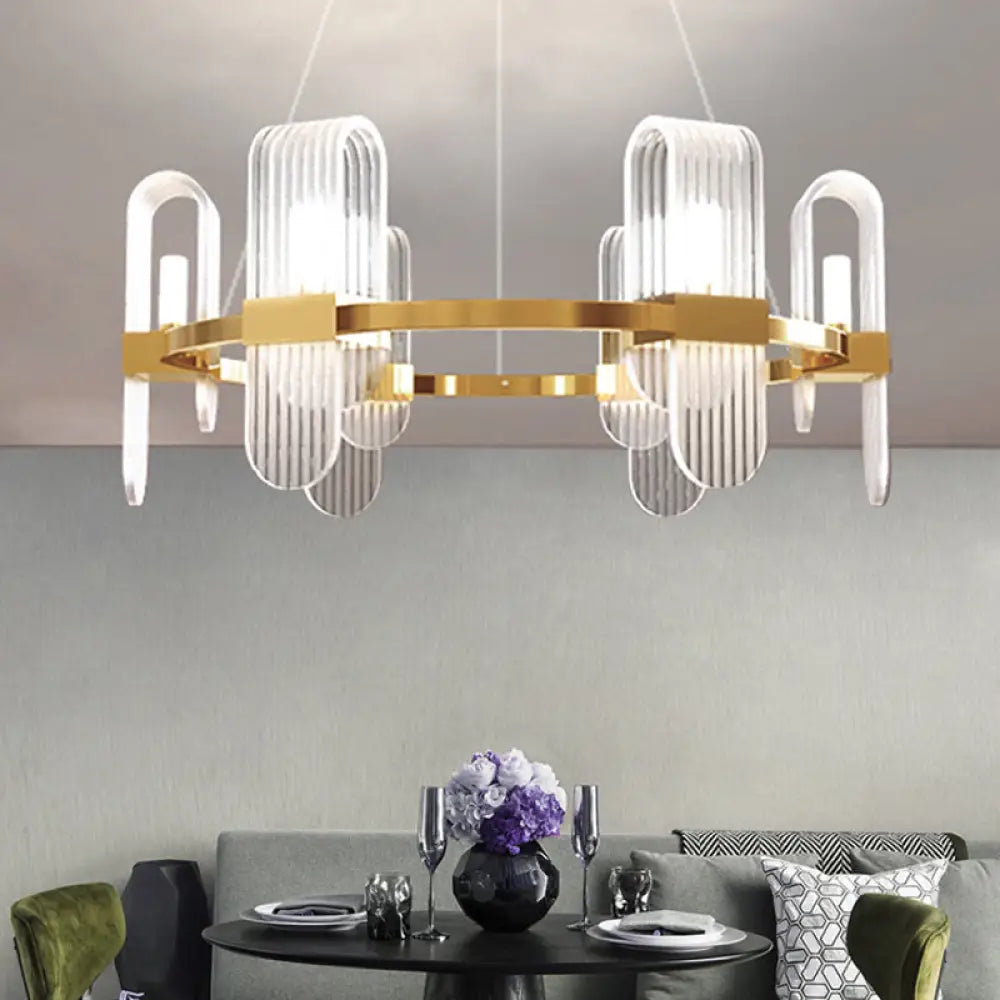 Modern Acrylic 6-Light Gold Led Pendant Chandelier - Bend Rectangle Panel Design