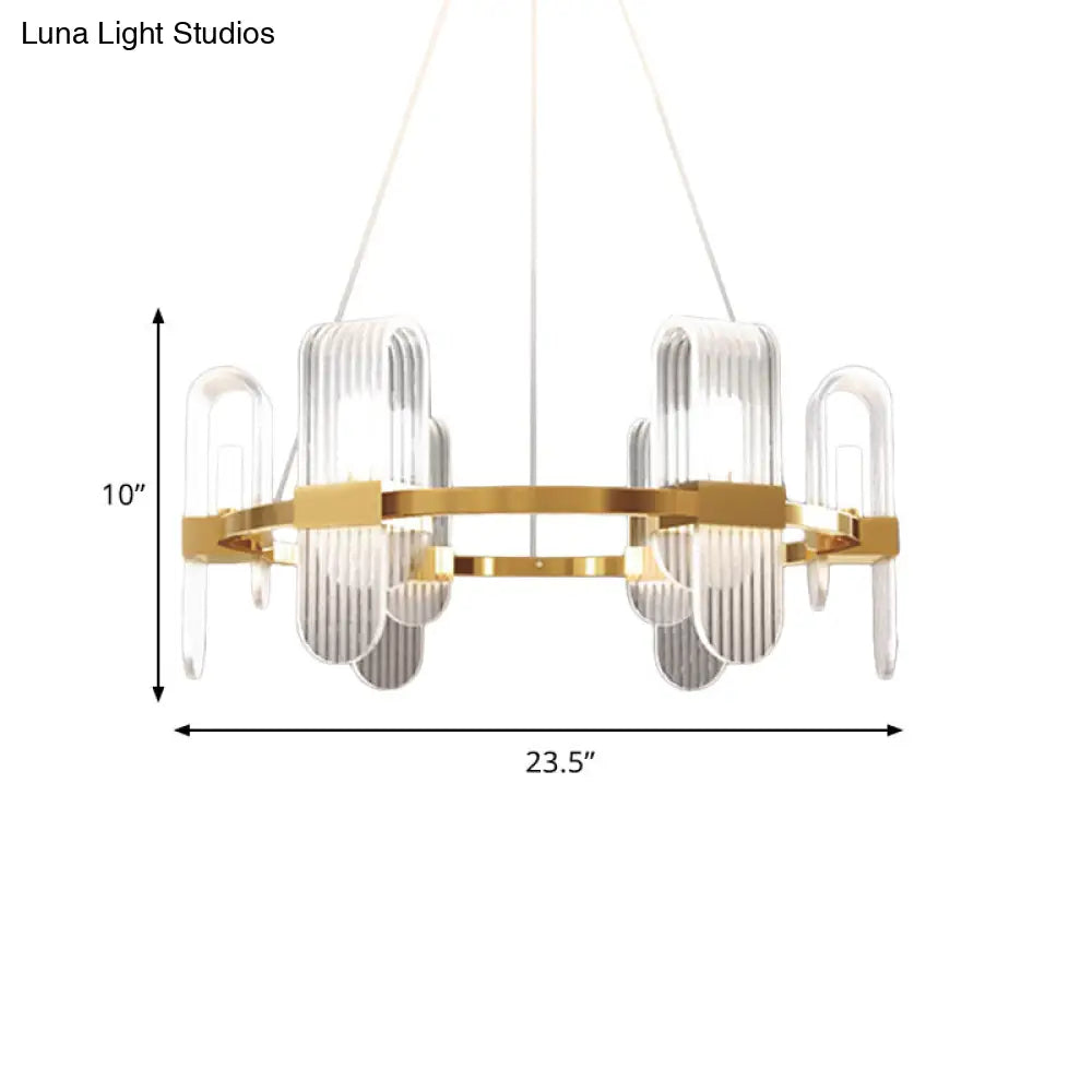 Modernist Acrylic Chandelier - Gold Led Ceiling Pendant Lamp Bend Rectangle Panel 6-Light Design