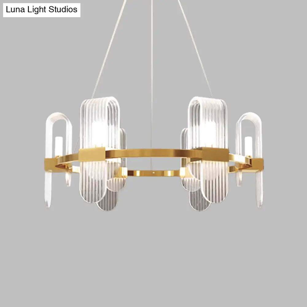 Modernist Acrylic Chandelier - Gold Led Ceiling Pendant Lamp Bend Rectangle Panel 6-Light Design