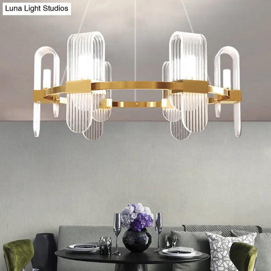 Modernist Acrylic Chandelier - Gold Led Ceiling Pendant Lamp Bend Rectangle Panel 6-Light Design