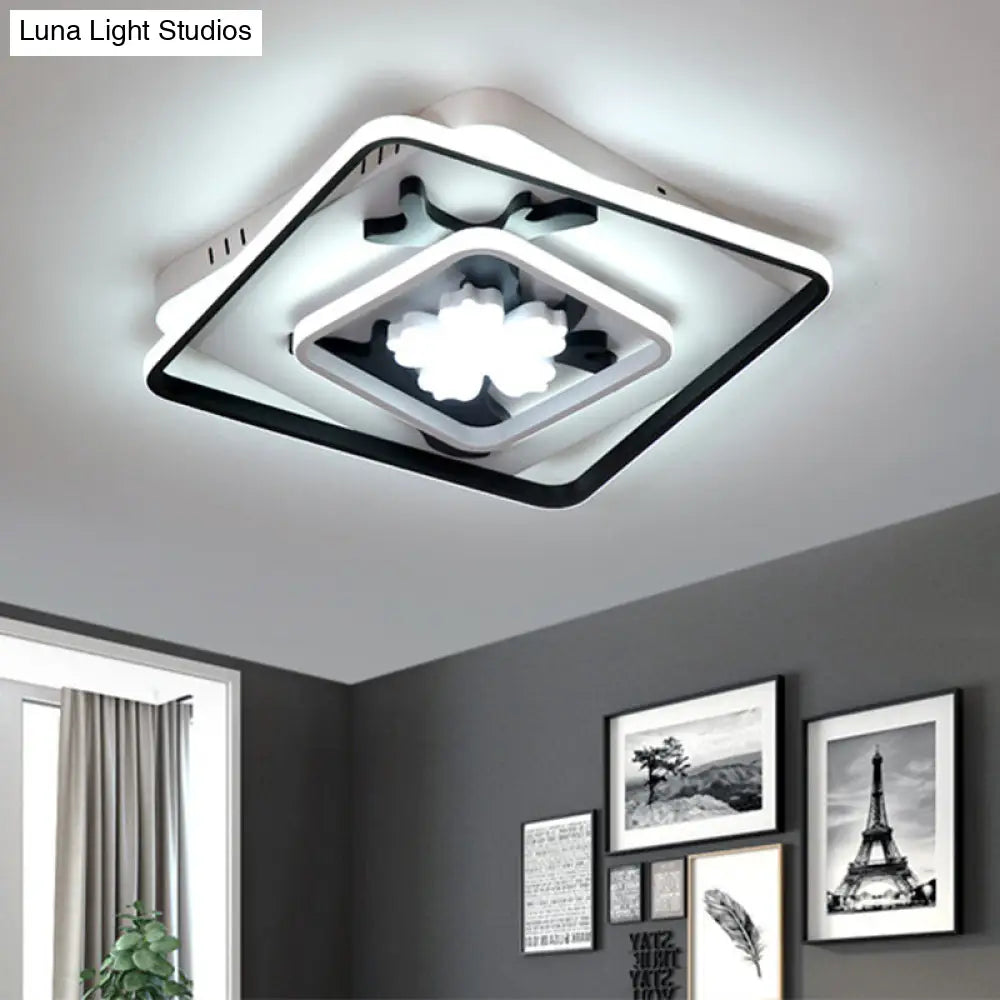 Modern Acrylic Black Square Flush Mount Lamp - Led Ceiling Light (19.5/23.5 Wide) With Flower