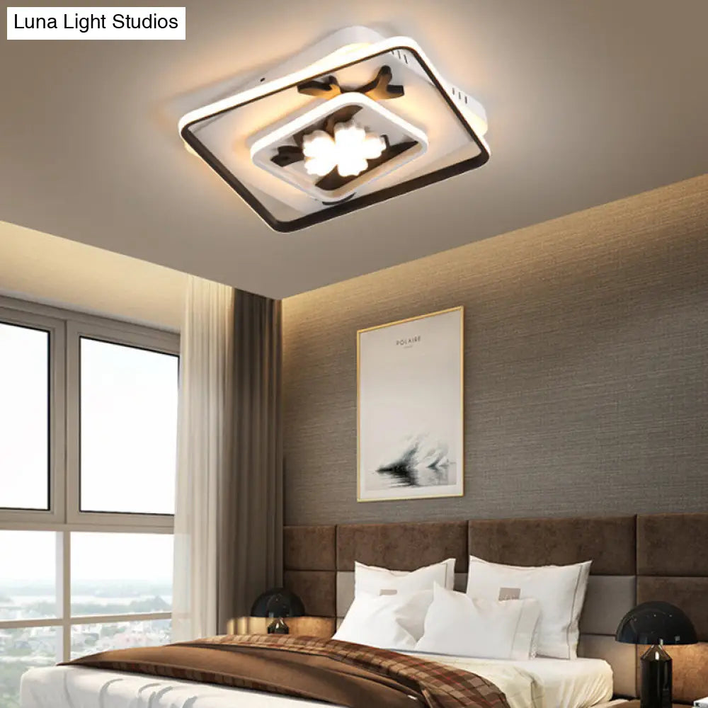 Modern Acrylic Black Square Flush Mount Lamp - Led Ceiling Light (19.5/23.5 Wide) With Flower