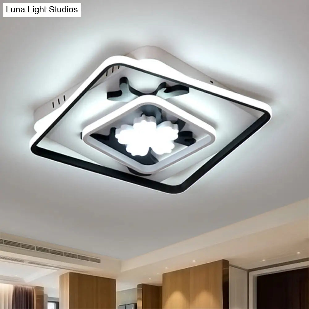 Modern Acrylic Black Square Flush Mount Lamp - Led Ceiling Light (19.5/23.5 Wide) With Flower