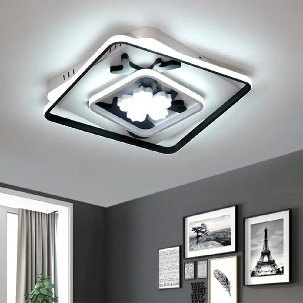 Modern Acrylic Black Square Flush Mount Lamp - Led Ceiling Light (19.5’/23.5’ Wide) With Flower