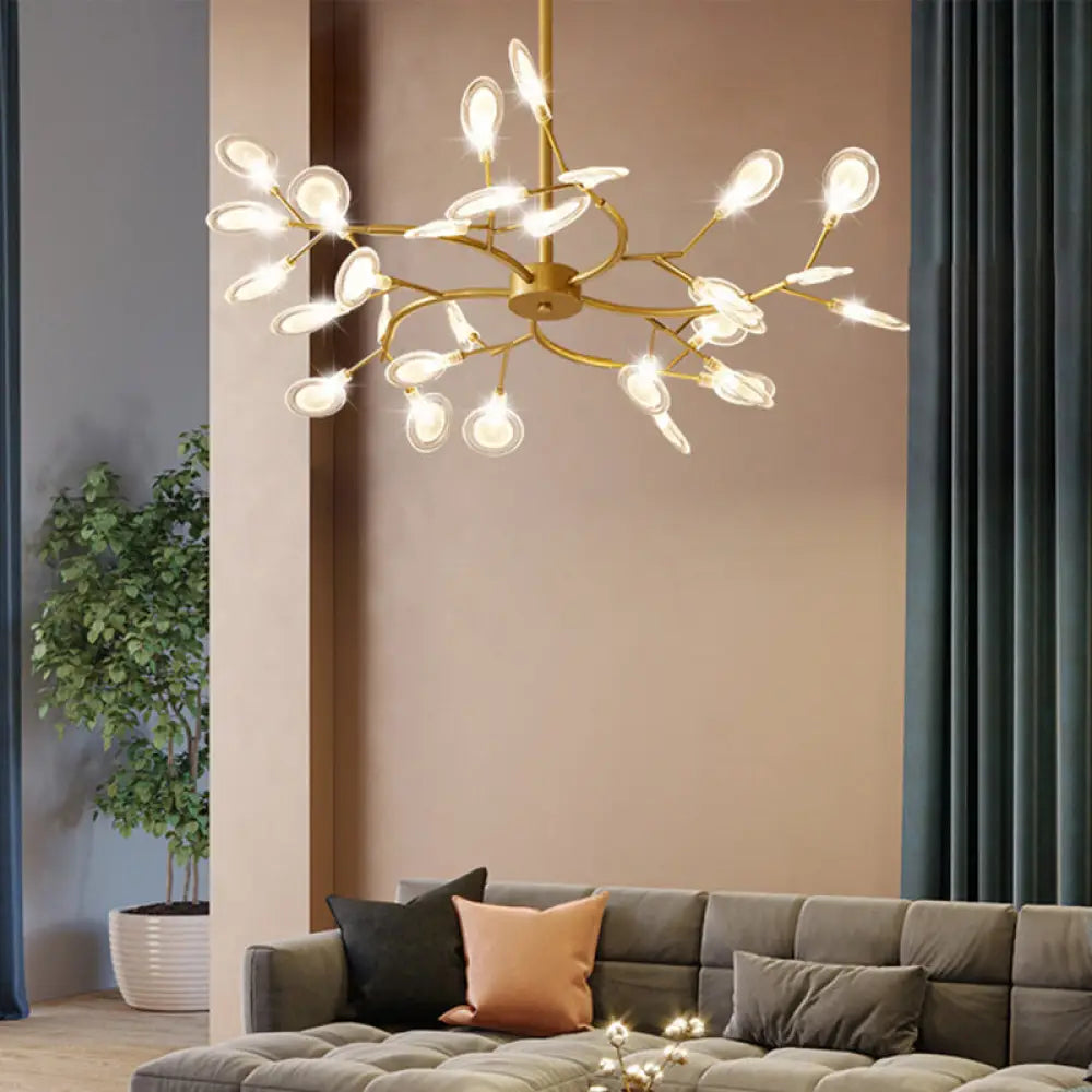 Modern Acrylic Ceiling Chandelier With Led Suspension - Gold Finish | Leaves Design For Living Room