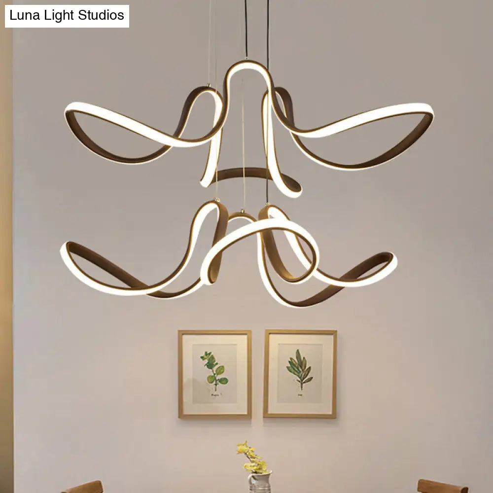 Modern Acrylic Coffee Led Chandelier: 2-Tier Curve Design For Dining Room Brown