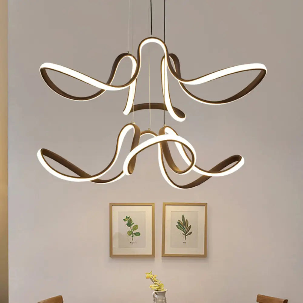 Modern Acrylic Coffee Led Chandelier Light - 2 Tiers Curve Design Perfect For Dining Room Brown