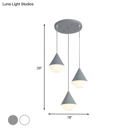 Modern Acrylic Cone Cluster Pendant Light Coffee House Hanging Lamp In White/Grey - 3 Heads Kit