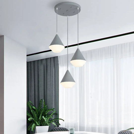 Modern Acrylic Cone Pendant Light With 3 Heads - White/Grey Coffee House Hanging Lamp Grey