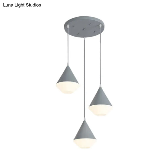 Modern Acrylic Cone Cluster Pendant Light Coffee House Hanging Lamp In White/Grey - 3 Heads Kit