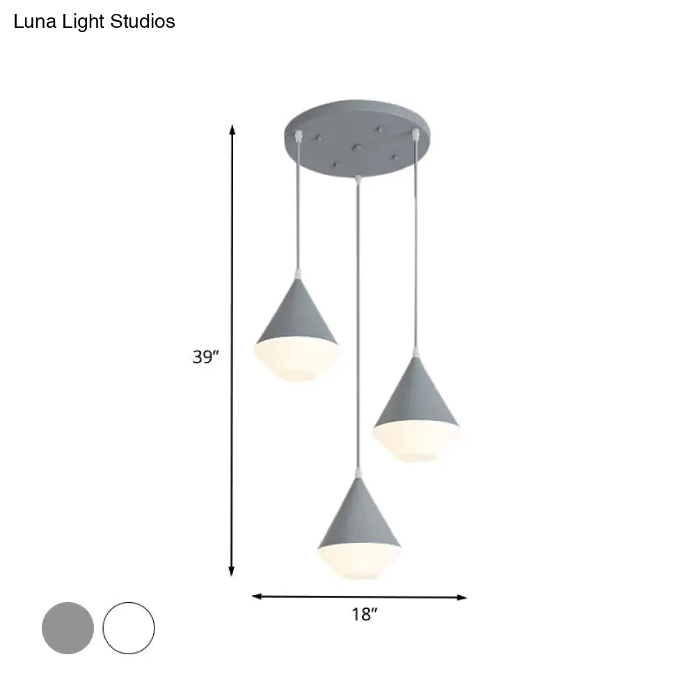 Modern Acrylic Cone Pendant Light With 3 Heads - White/Grey Coffee House Hanging Lamp