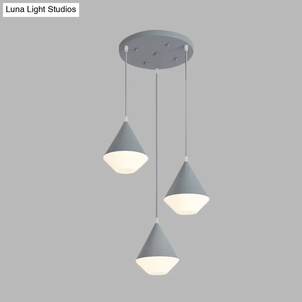 Modern Acrylic Cone Cluster Pendant Light Coffee House Hanging Lamp In White/Grey - 3 Heads Kit