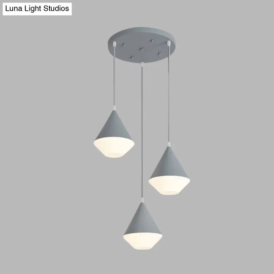 Modern Acrylic Cone Cluster Pendant Light Coffee House Hanging Lamp In White/Grey - 3 Heads Kit