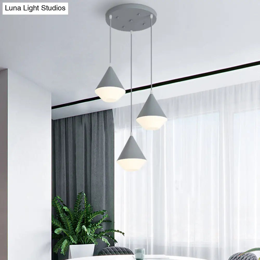 Modern Acrylic Cone Cluster Pendant Light Coffee House Hanging Lamp In White/Grey - 3 Heads Kit Grey