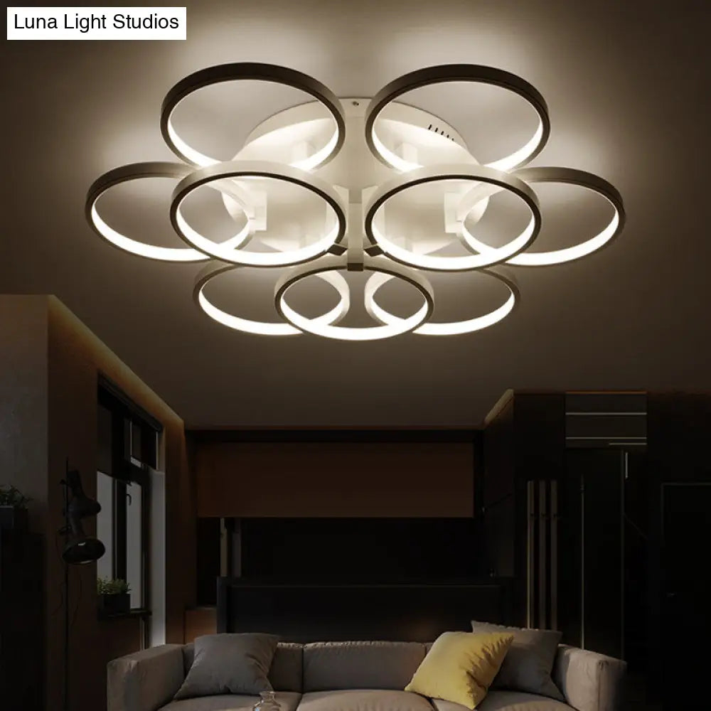 Modern Acrylic Flush Ceiling Light In White - Flower-Like Circle Design 9/12 Lights Led Ideal For