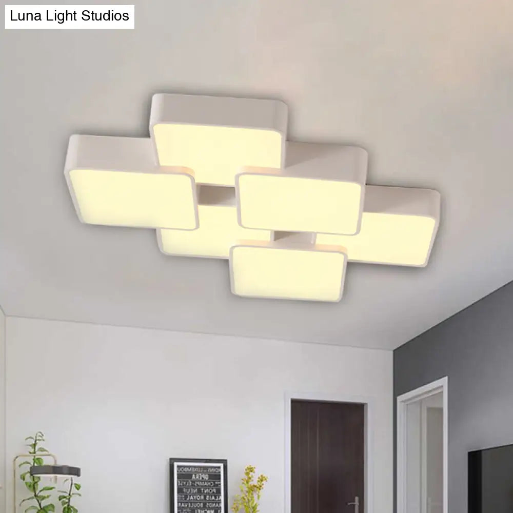 Modern Acrylic Flush Ceiling Light With Square Design - 4/6 Lights White Finish In Warm/White