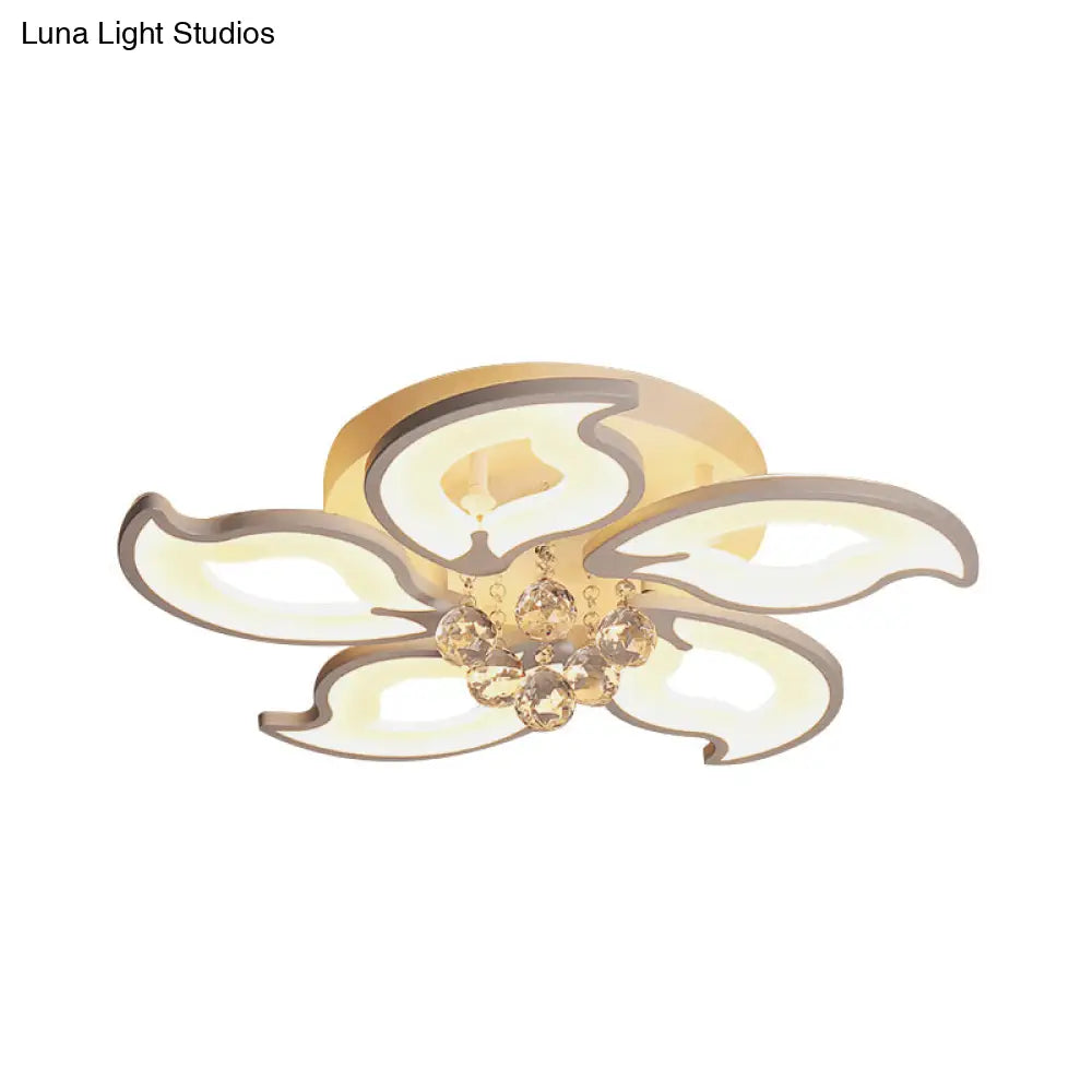 Modern Acrylic Leaf-Shape Semi Flush Ceiling Light With Crystal Orb Deco - 5 White Led Heads