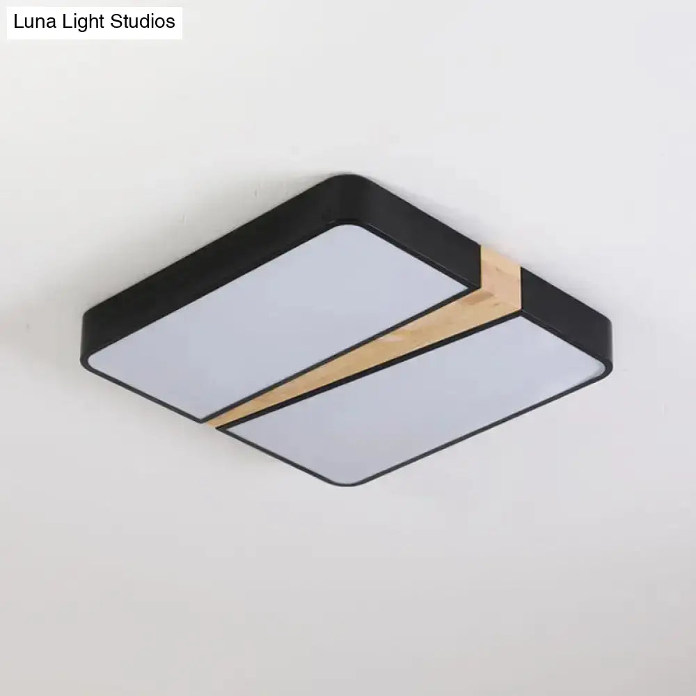 Modern Acrylic Led Ceiling Light With Black-Wood Spliced Design - Square/Rectangle/Round Options In