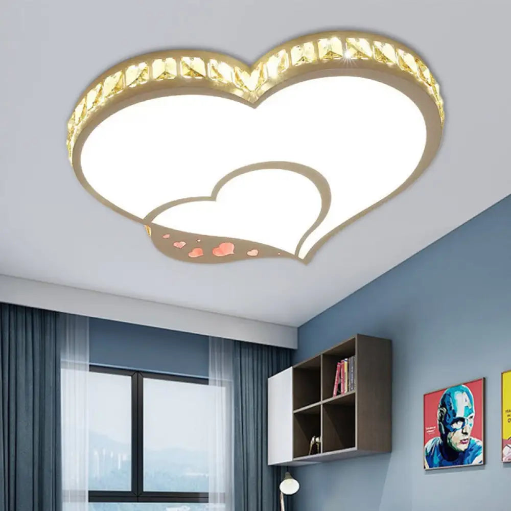 Modern Acrylic Led Double Heart Ceiling Fixture - White Flush Mount Light For Kid Bedroom With