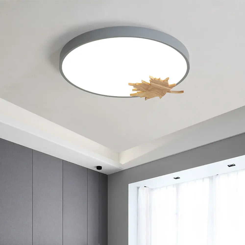 Modern Acrylic Led Drum Ceiling Mount Flush Light Fixture For Bedroom - Gray/White/Green With Maple