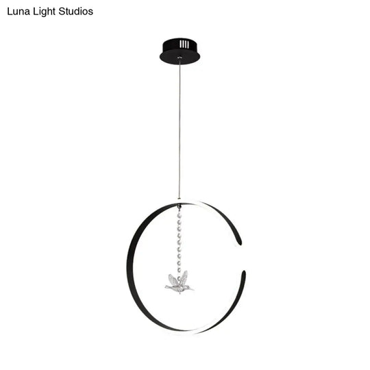 Modern Black Led Pendant Lamp With Acrylic Ring & Bird Crystal Droplet In White/Warm Light