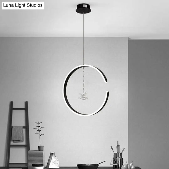 Modern Black Led Pendant Lamp With Acrylic Ring & Bird Crystal Droplet In White/Warm Light