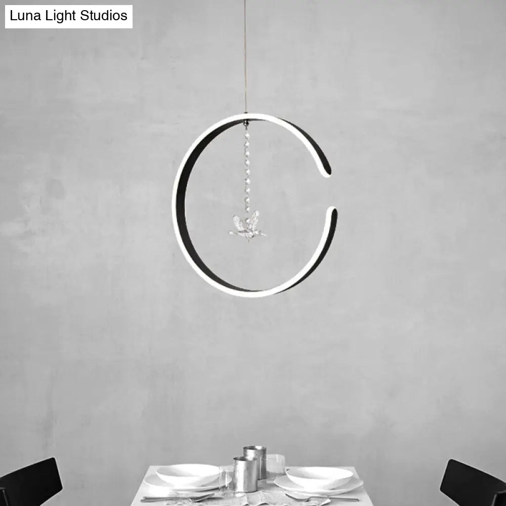 Modern Black Led Pendant Lamp With Acrylic Ring & Bird Crystal Droplet In White/Warm Light