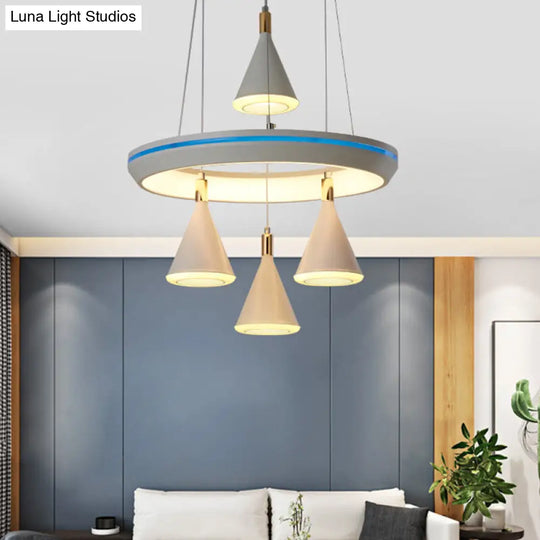 Modern Led Conical Pendant Light With Ring Shelf - White 4-Head Suspension Lamp