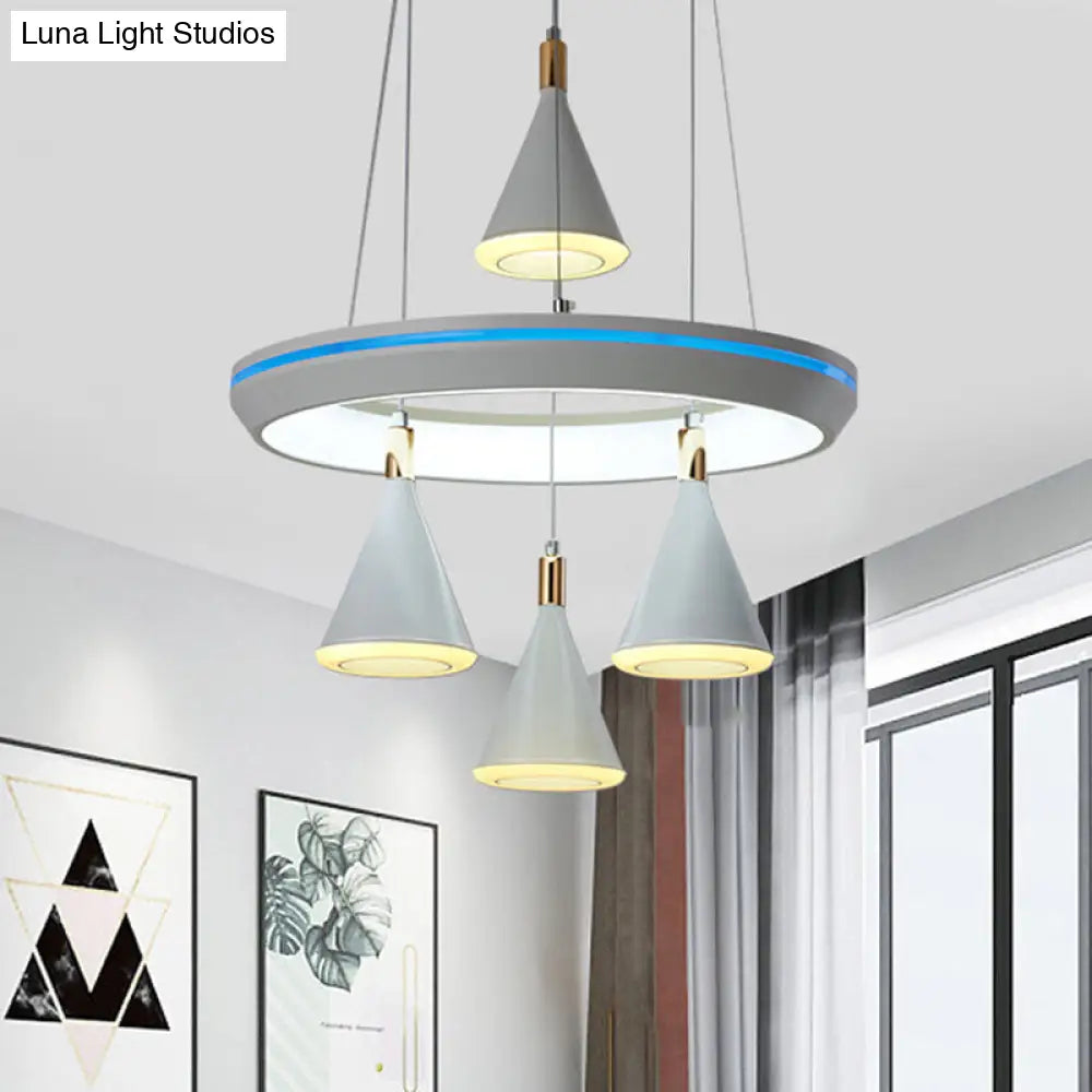 Modern Led Conical Pendant Light With Ring Shelf - White 4-Head Suspension Lamp