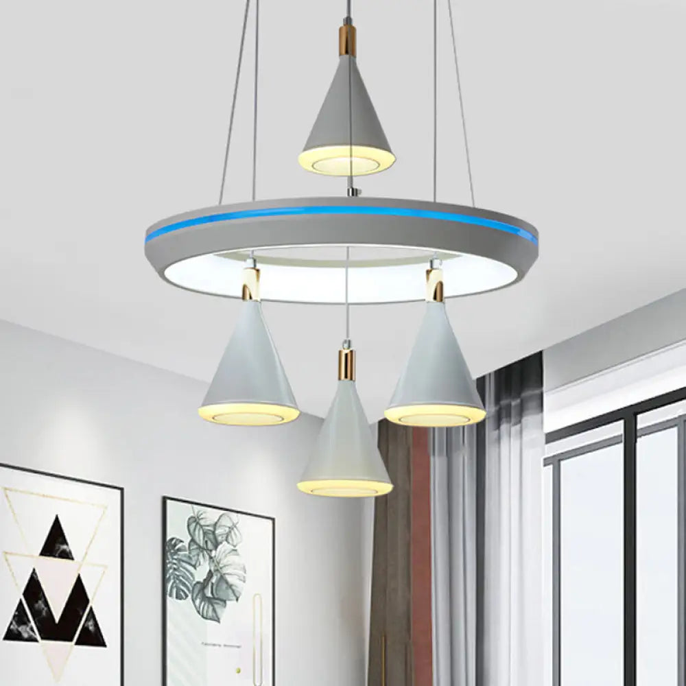 Modern Acrylic Led Pendant Light With Conical Shape And 4-Head Suspension White Finish