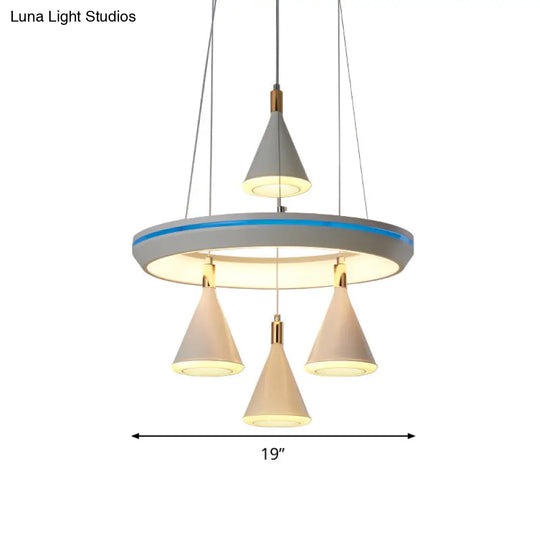 Modern Led Conical Pendant Light With Ring Shelf - White 4-Head Suspension Lamp