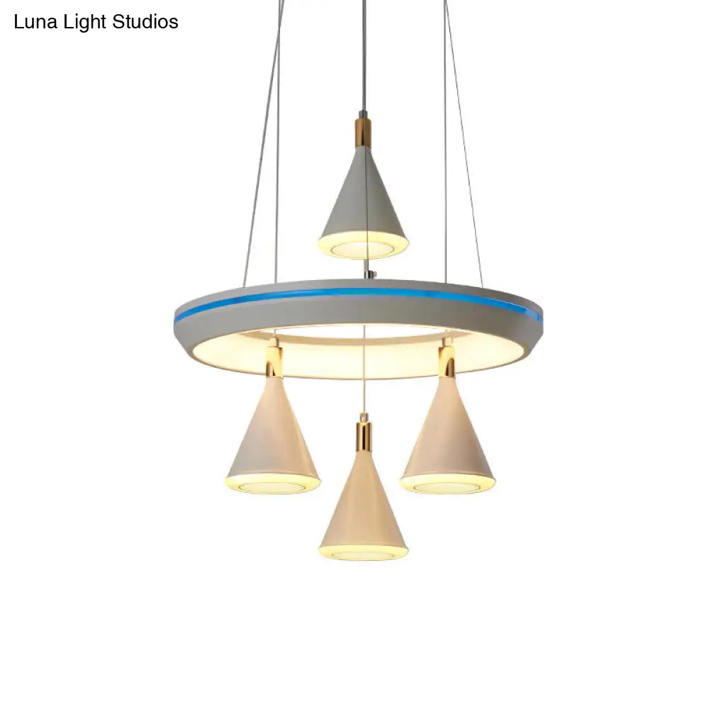 Modern Led Conical Pendant Light With Ring Shelf - White 4-Head Suspension Lamp