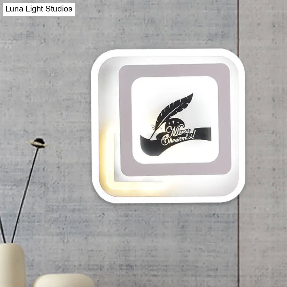 Modern Acrylic Led Sconce: White Wall Lamp With Deer/Feather Pattern - Perfect For Living Room