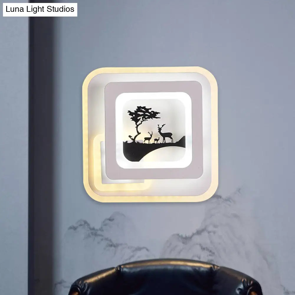 Modern Acrylic Led Sconce: White Wall Lamp With Deer/Feather Pattern - Perfect For Living Room