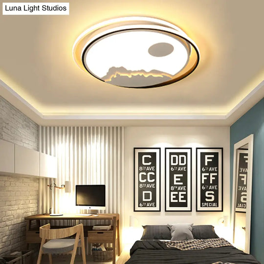 Modern Acrylic Mountain Sun Led Ceiling Mount Light - White Fixture For Kids Bedrooms