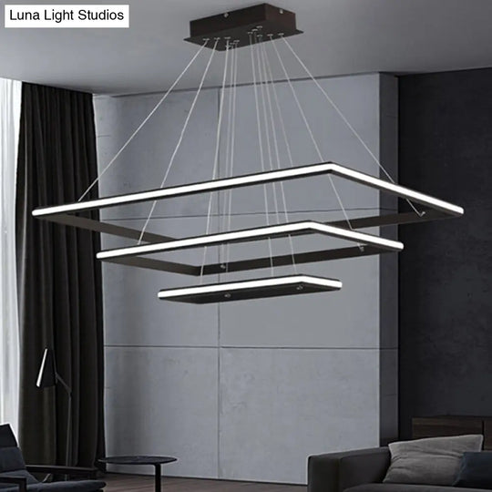 Modern Tiered Rectangular Chandelier With Acrylic Panels - 3 Black/White Led Lights In White Or Warm